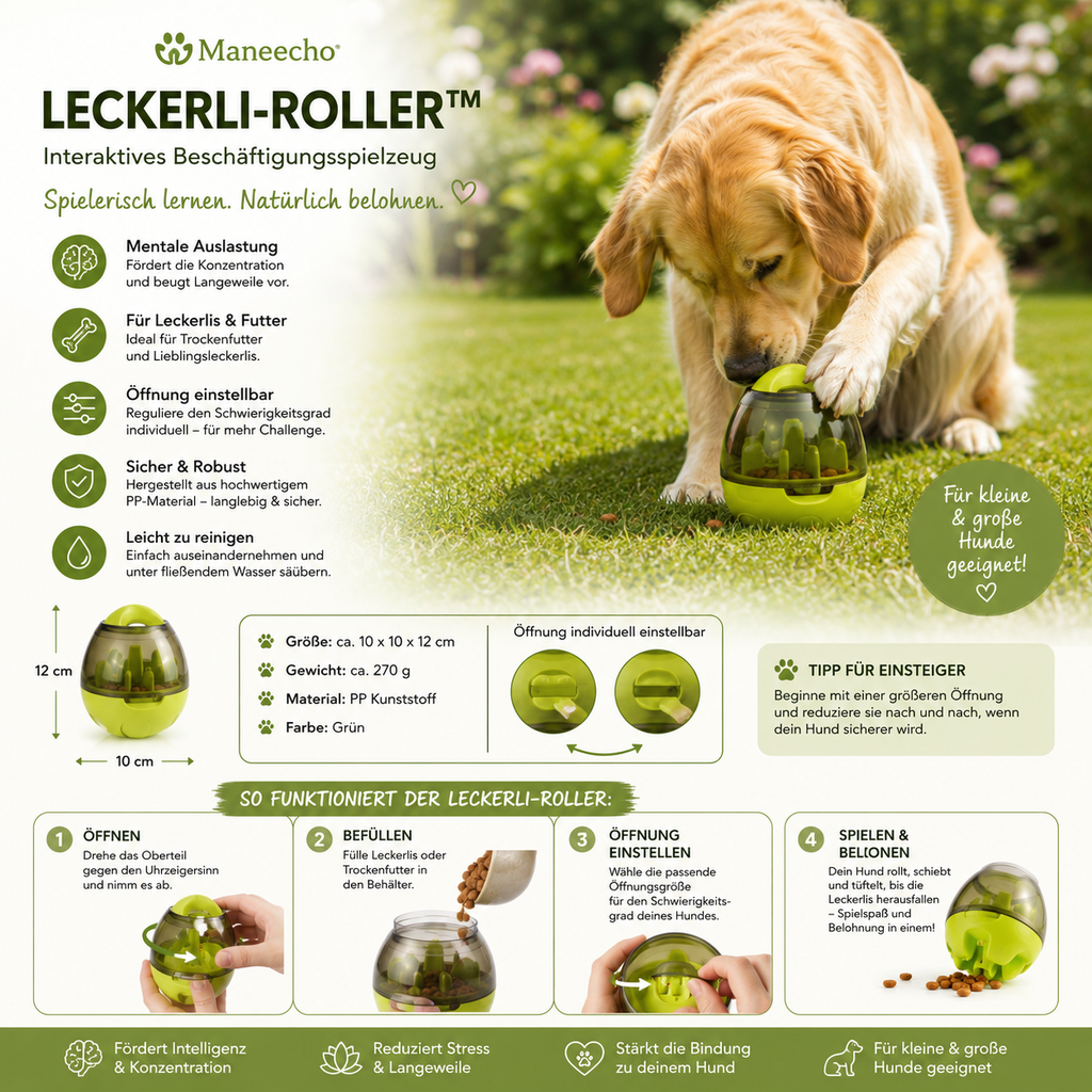 Maneecho Leckerli-Roller™ – Interaktives Beschäftigungsspielzeug für Hunde