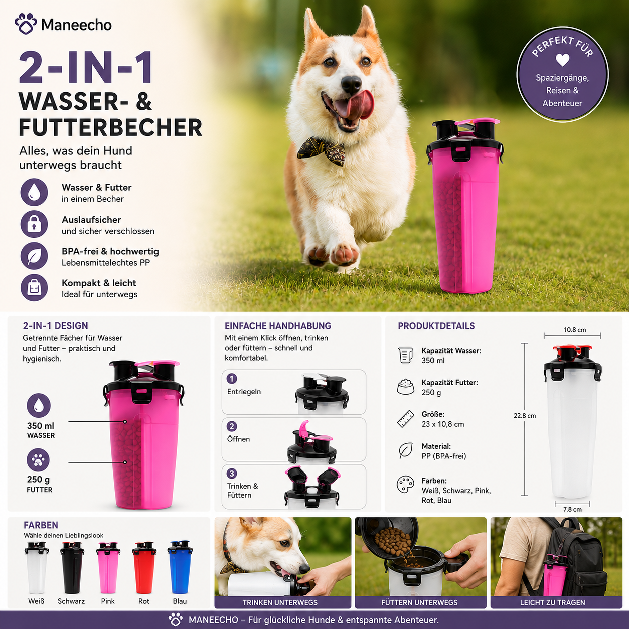 Maneecho TravelCup™ – 2-in-1 Wasser- & Futterbehälter für Hunde