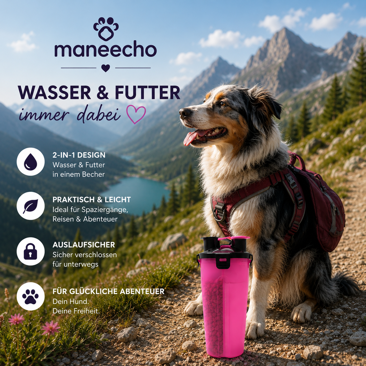 Maneecho TravelCup™ – 2-in-1 Wasser- & Futterbehälter für Hunde
